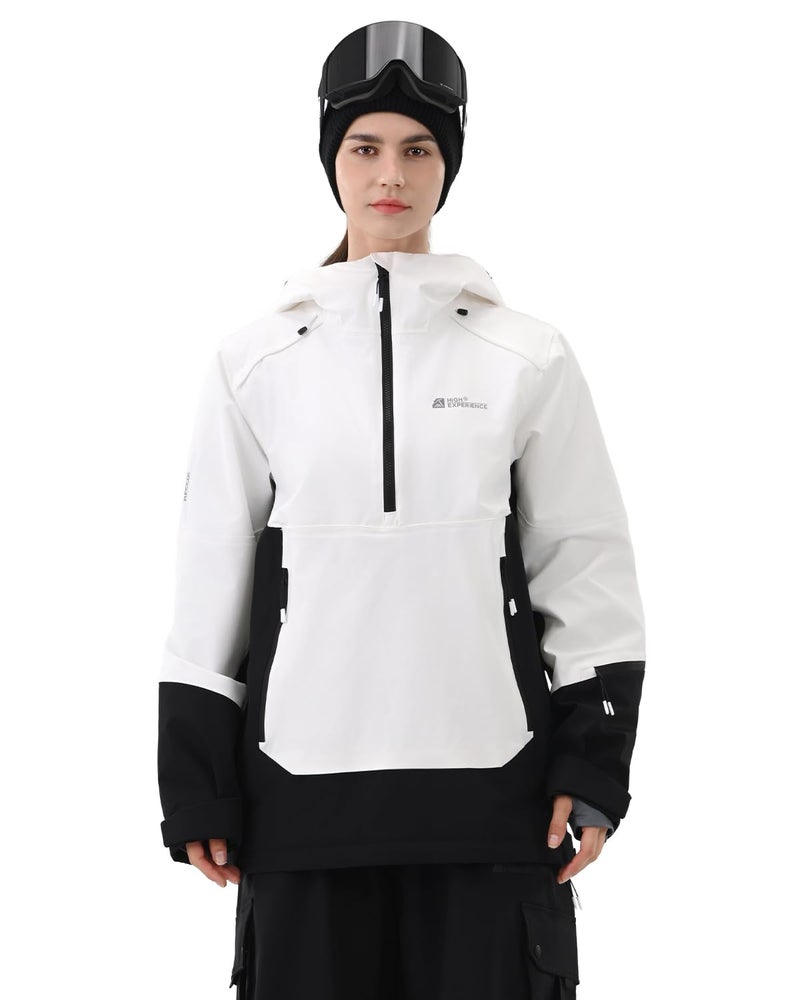 HIGH EXPERIENCE Ski Jacket Women with Recco 3L Snowboard Anorak Pullover Baggy Coat Hooded Insulated Hoodie Waterproof Warm (US, Alpha, Medium, Regular, Regular, White Black) - Image 1
