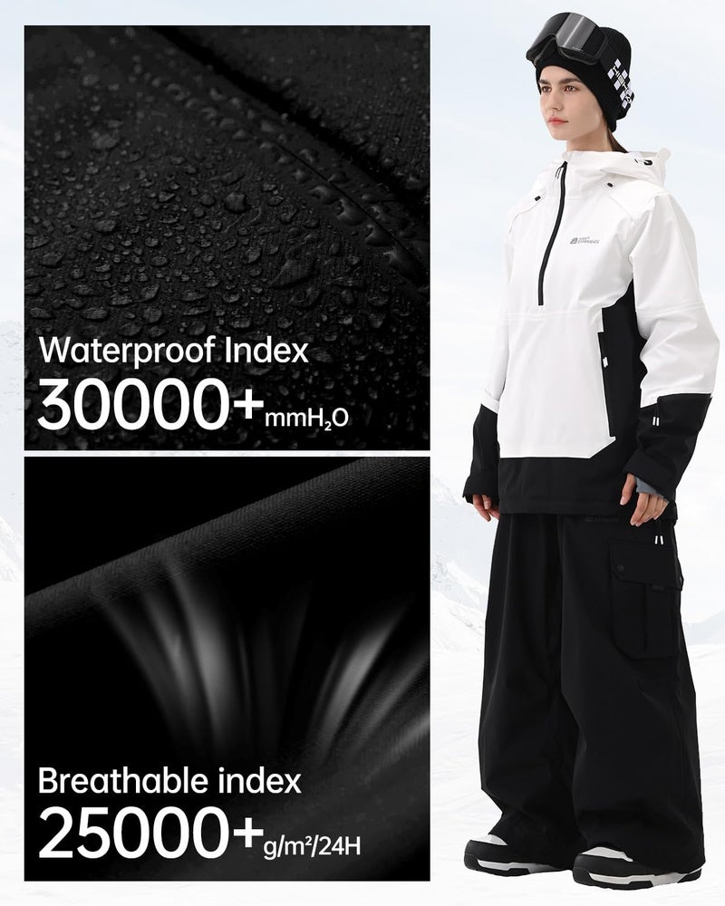 HIGH EXPERIENCE Ski Jacket Women with Recco 3L Snowboard Anorak Pullover Baggy Coat Hooded Insulated Hoodie Waterproof Warm (US, Alpha, Medium, Regular, Regular, White Black) - Image 4