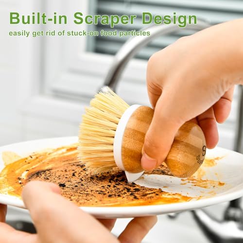 SUBEKYU Bamboo Dish Brush, Kitchen Dish Scrubber Brush, Natural Wooden Dishwashing Brush for Cleaning Dishes/Pans/Pots, Built-in Scraper, Sisal Bristles,1 Set - Image 3