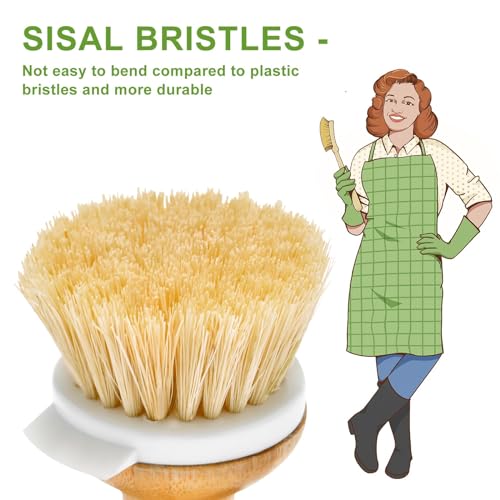 SUBEKYU Bamboo Dish Brush, Kitchen Dish Scrubber Brush, Natural Wooden Dishwashing Brush for Cleaning Dishes/Pans/Pots, Built-in Scraper, Sisal Bristles,1 Set - Image 2