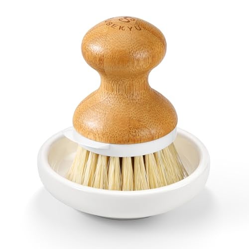 SUBEKYU Bamboo Dish Brush, Kitchen Dish Scrubber Brush, Natural Wooden Dishwashing Brush for Cleaning Dishes/Pans/Pots, Built-in Scraper, Sisal Bristles,1 Set - Image 1