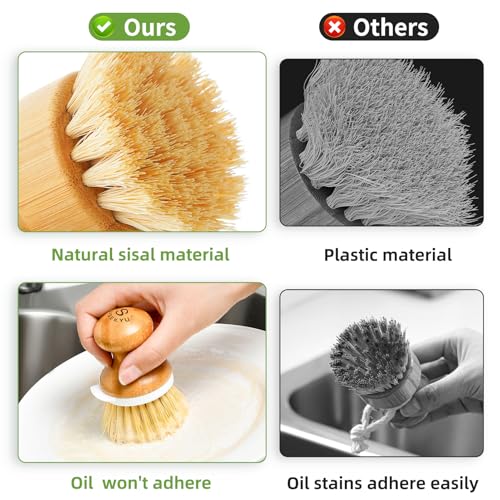 SUBEKYU Bamboo Dish Brush, Kitchen Dish Scrubber Brush, Natural Wooden Dishwashing Brush for Cleaning Dishes/Pans/Pots, Built-in Scraper, Sisal Bristles,1 Set - Image 4