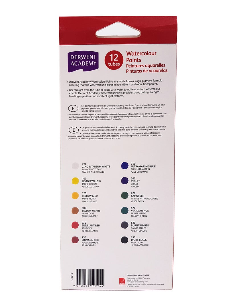 Derwent Academy Watercolour Paints 12ml (Pack of 12) - Image 2