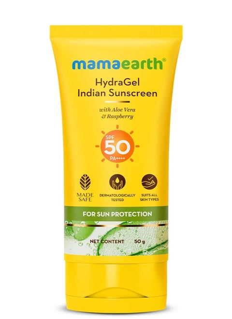 Mamaearth Hydragel Indian Sunscreen Spf 50, With Aloe Vera and Raspberry, For Sun Protection - 50G