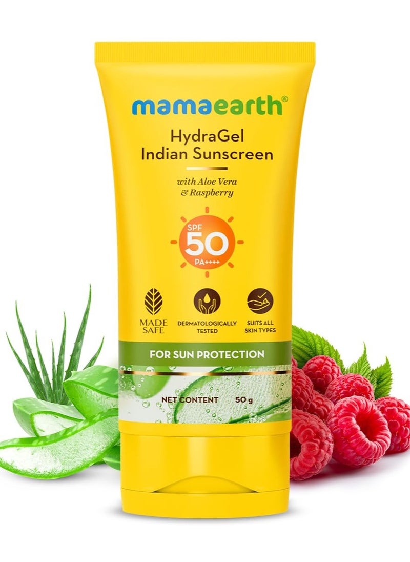 Mamaearth Hydragel Indian Sunscreen Spf 50, With Aloe Vera and Raspberry, For Sun Protection - 50G