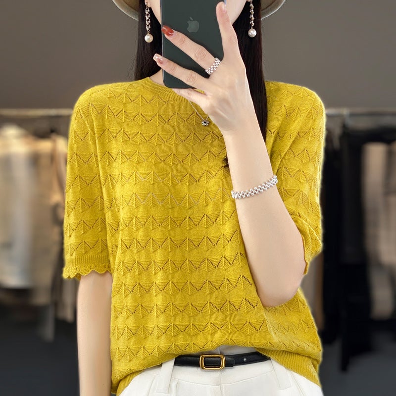 Z-Line Ready-To-Wear Fine Wool Short-Sleeve T-Shirt For Women, New Summer Style, Round Neck, Hollow-Out, Thin Top, Stylish Base Shirt - Image 1