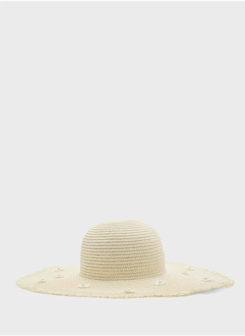 ELLA Floral Detail Wide Brim Hat