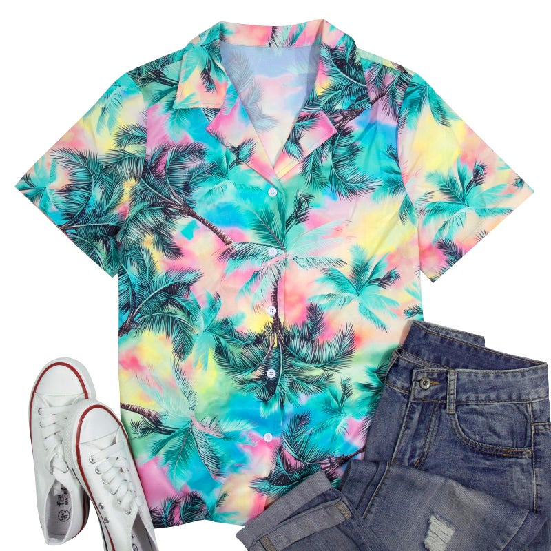 UNIQUEONE Women Hawaiian Shirt Soft Cool Summer Hawaii Tshirts Beach Tropic Print V Neck Button up Tops Floral Short Sleeve Tops Pink - Image 5