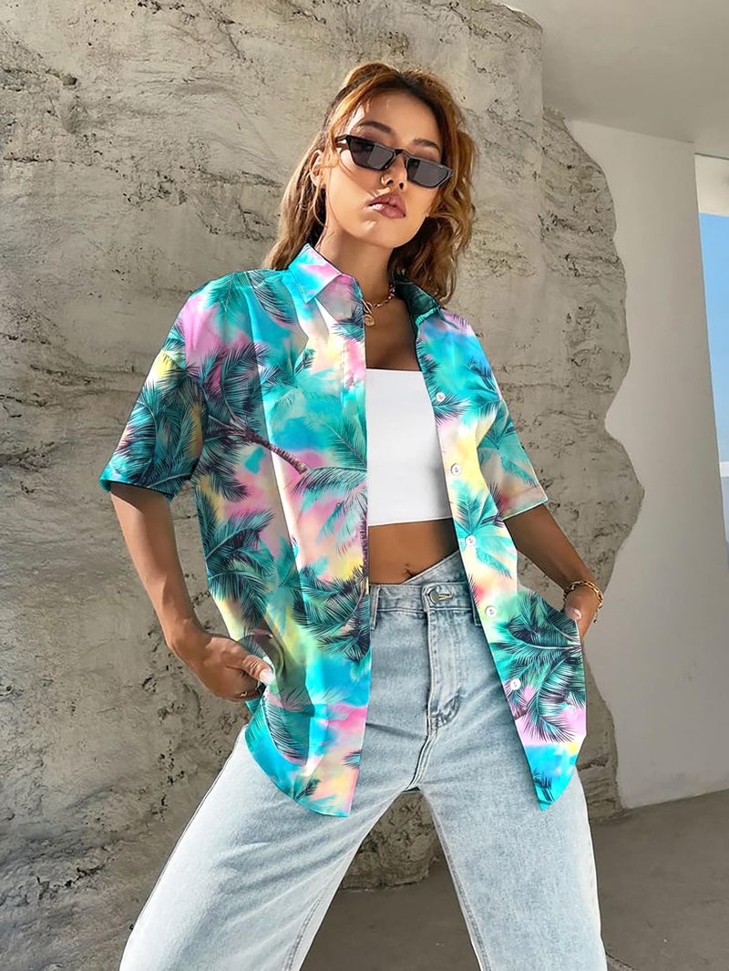 UNIQUEONE Women Hawaiian Shirt Soft Cool Summer Hawaii Tshirts Beach Tropic Print V Neck Button up Tops Floral Short Sleeve Tops Pink - Image 4