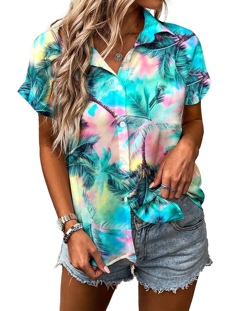 UNIQUEONE Women Hawaiian Shirt Soft Cool Summer Hawaii Tshirts Beach Tropic Print V Neck Button up Tops Floral Short Sleeve Tops Pink - Image 1