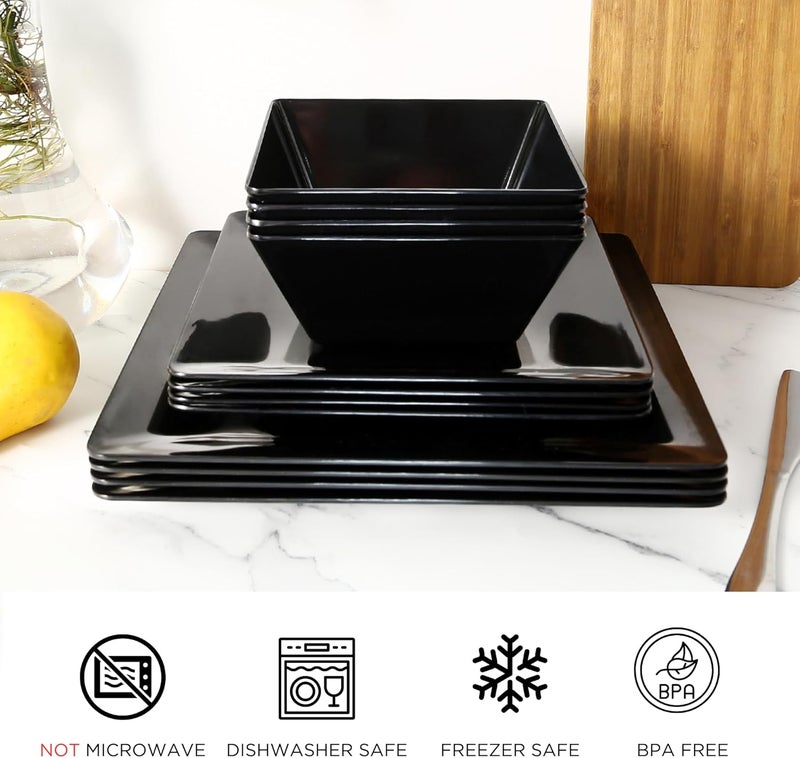 TP طقم أدوات المائدة المربعة 12 قطعة من TP مصنوعة من الميلامين مع أطباق وأوعية غير قابلة للكسر وخفيفة الوزن لخدمة 4 أشخاص - Image 3