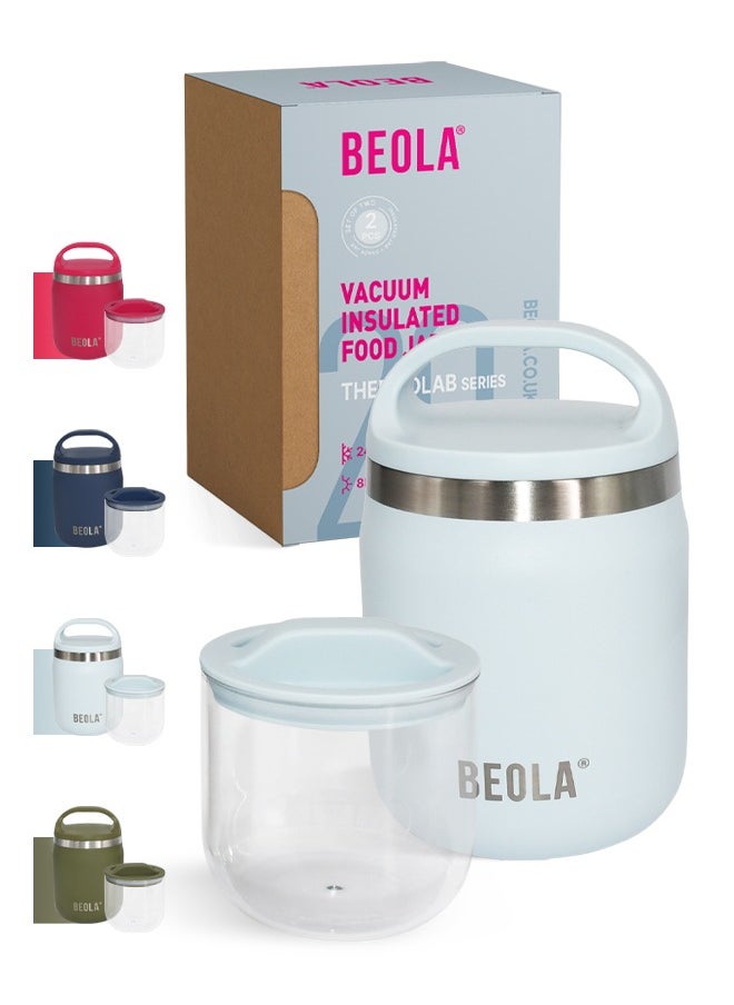 BEOLA 600ml Food Jar Lunch Box Food Thermos Stainless Steel Double Wall Insulated Travel Food Flask with Snack Tritan Container for Kids, Adults, 20oz (Ice Blue)  - Image 1