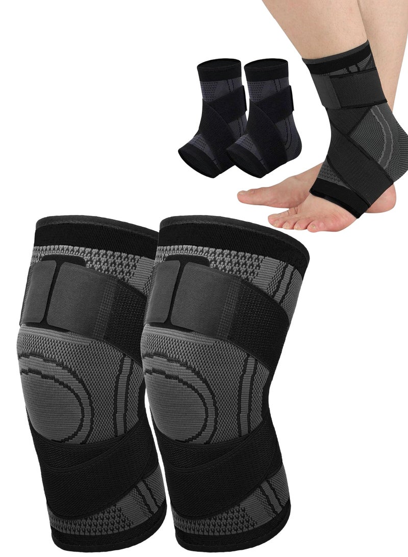 طقم دعامة الركبة وغطاء الركبة بضغط 2 قطعة للرجال والنساء - غطاء دعم الركبة القابل للتعديل للجري وركوب الدراجات وكرة السلة + دعامة كاحل لتخفيف آلام التهاب اللفافة الأخمصية والكاحل الملتوي، وسادة ركبة سوداء - Image 1