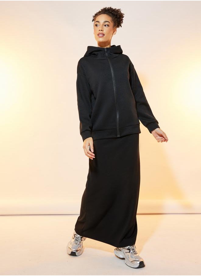 Styli - Solid Hooded Zipper Jacket & Skirts Co-Ords Set - Image 1