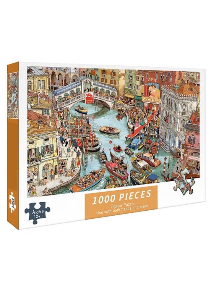 1000pcs adult cartoon puzzle, cartoon drawing challenge puzzle, suitable for family activities, game nights, gifts to relieve stress, crowded canals, etc - Image 1