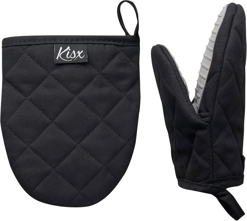 Kisx Oven Mitts Heat Resistant – (Black Color) Mini Oven Mitts, Silicone Gloves Heat Resistant, Kitchen Gloves for Cooking, Silicone Oven Mitts & Pot Holders Sets, Kitchen Pot Holders & Oven Mitts Sets - Image 1