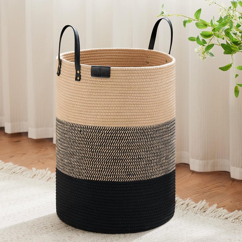 VIPOSCO Tall Laundry Basket, Large Dirty Clothes Hamper with Leather Handle, Woven Rope Storage Basket for Blanket, Toy In Living Room, Bathroom, Bedroom - 72L Brown & Black - Image 1