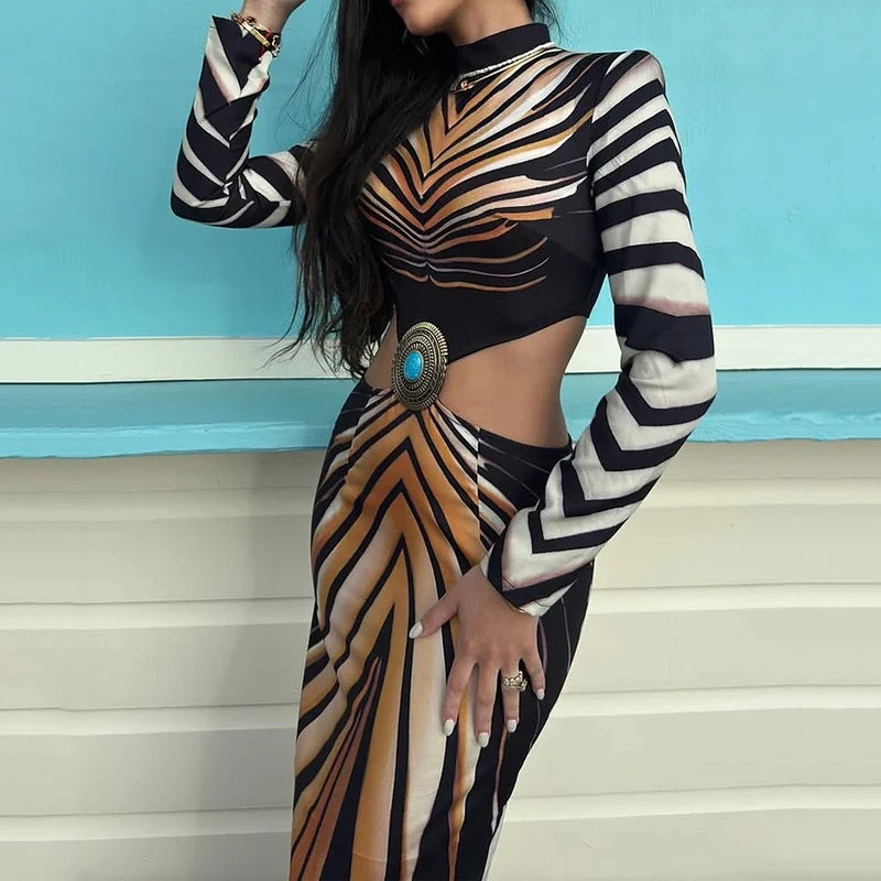 Export Women'S Casual Resort Style Waist-Revealing Printed Long-Sleeved Dress - Image 5