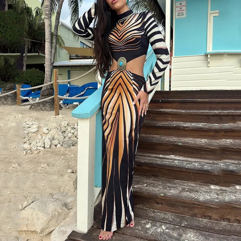 Export Women'S Casual Resort Style Waist-Revealing Printed Long-Sleeved Dress - Image 2