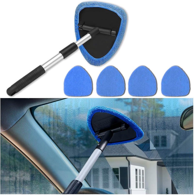 Couslcd Windshield Cleaner Tool - Portable Car Interior Window Cleaning Kit with Extendable Handle, 4 Microfiber Towel Pads, Auto Glass Wiper for Windshield, Universal for RV, SUV, Truck (Blue) - Image 1