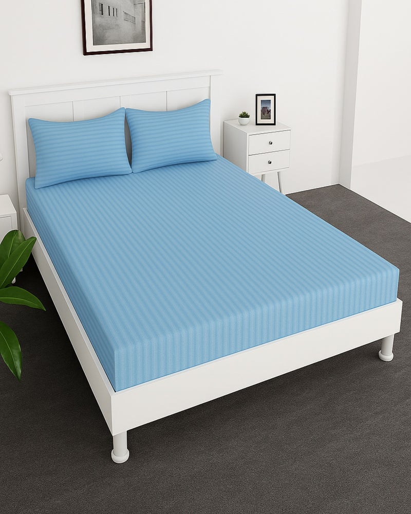 MAXQON Deep Fitted Bed Sheet with 2Pcs Pillow Covers, Queen (150x200+30CM), Color Sky blue - Image 1