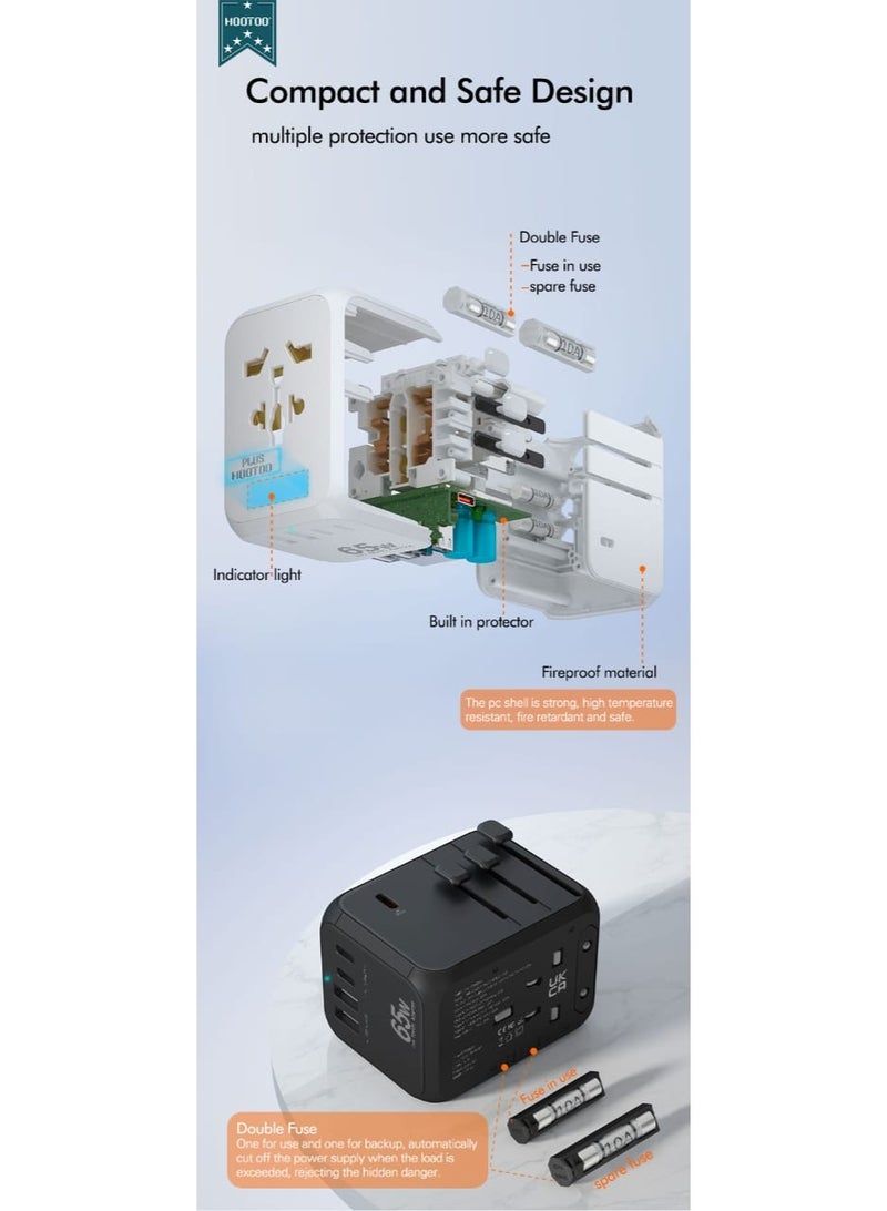 هوتو فيش سفر متعدد المنافذ. فيش جداري بمنفذين يو اس بي وثلاثه منافذ PD. شاحن جداري من هوتو بطراز PLUS-MAC03 - Image 3