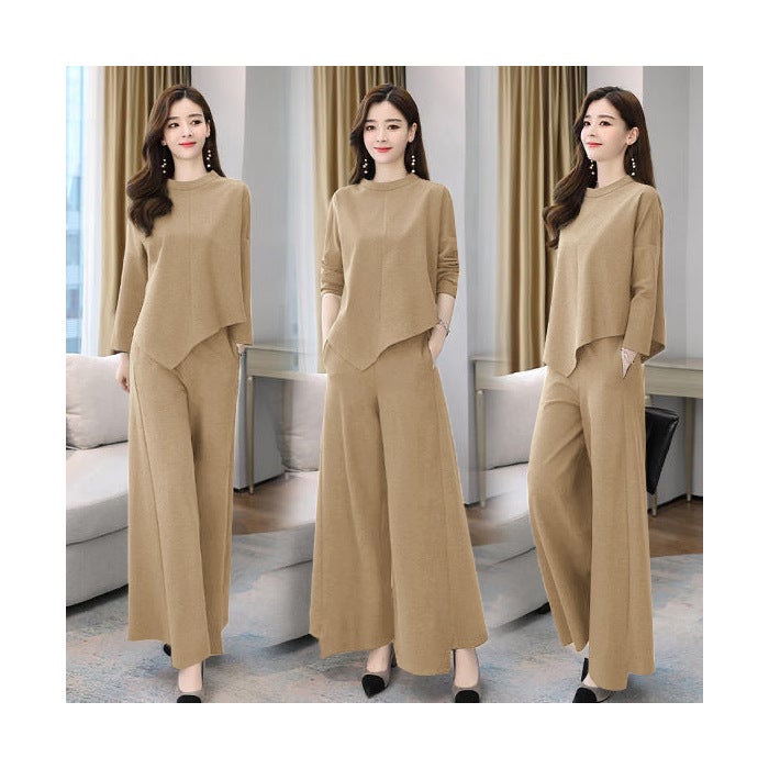 Spring and Autumn New Wide Leg Pants suit Womens Age-reducing Belly-covering Slimming Western Style Casual Elegant Culottes Two-piece Set Grey Khaki - Image 1