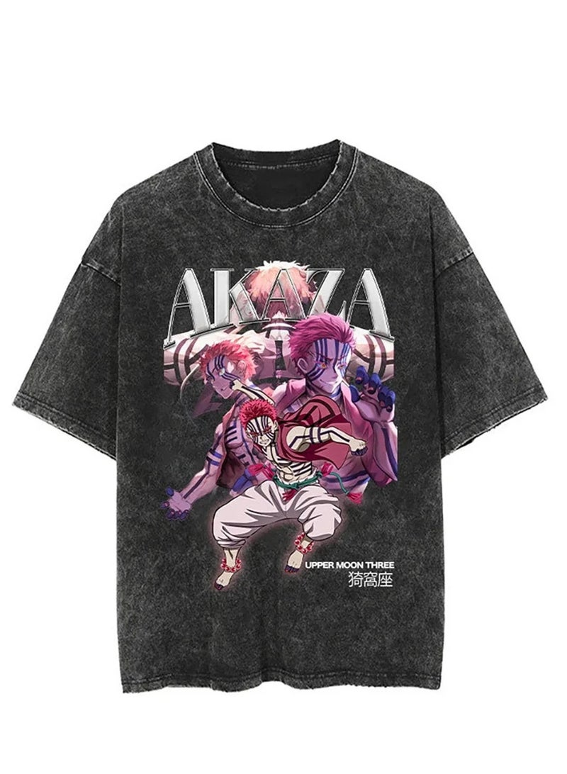Washed retro T-shirt street hip hop anime Demon Slayer Kimetsu No Yaiba casual cotton summer short sleeves - Image 1