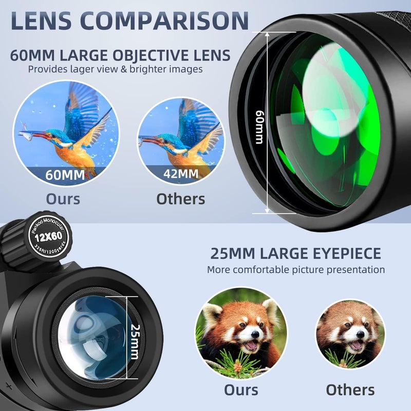 Pankoo 12x60 Monocular Telescope High Powered with Smartphone Adapter Tripod and Portable Bag, Larger Vision Monoculars for Adults with BAK4 Prism & FMC Lens, Suitable for Bird Watching Hiking Travel - Image 2