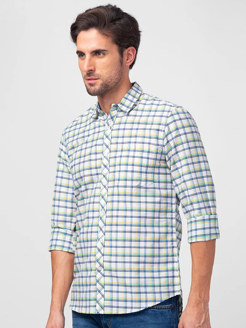 جلو باص قميص رجالي أبيض كاروهات قطن بقصة عادية كاجوال