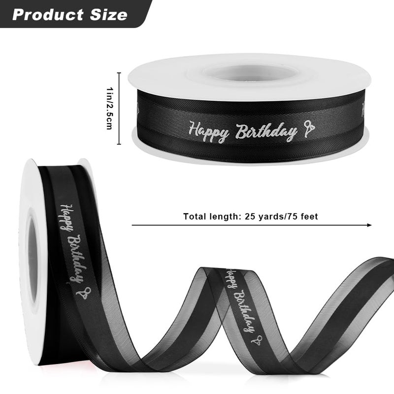 Cidenbio Happy Birthday Ribbon for Gift Wrapping 1 Inch 25 Yards Black Ribbon for Flower Bouquet Organza Satin Ribbons for Crafts Bow Making Cake Box Party Decoration Party Favor Supplies - Image 2