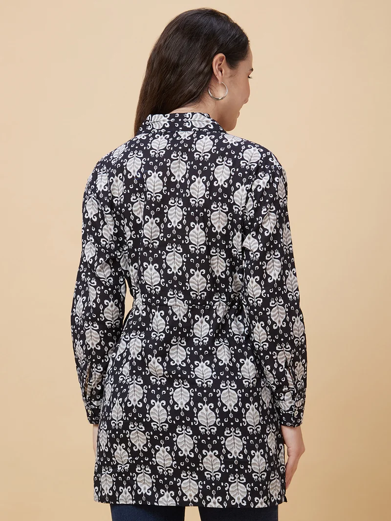 globus Women Ethnic Motifs Printed Shirt Collar Tie Up Pure Cotton Tunic