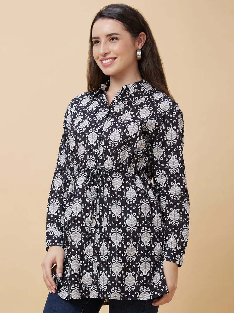 globus Women Ethnic Motifs Printed Shirt Collar Tie Up Pure Cotton Tunic