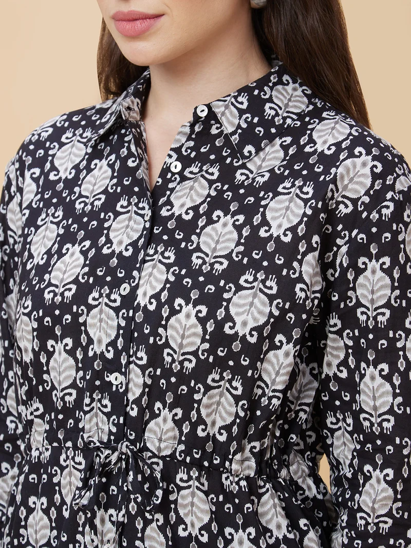 globus Women Ethnic Motifs Printed Shirt Collar Tie Up Pure Cotton Tunic