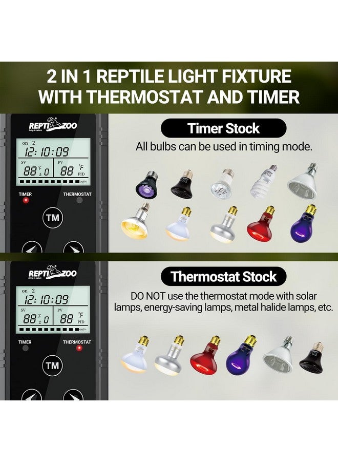 REPTIZOO REPTIZOO Reptile Light Fixture with Thermostat and Timer, Dual Deep Dome Fixture with PID Reptile Dimming Thermostat Switching Thermostat Heat Lamp Temperature Controller and Timing Function  - Image 3