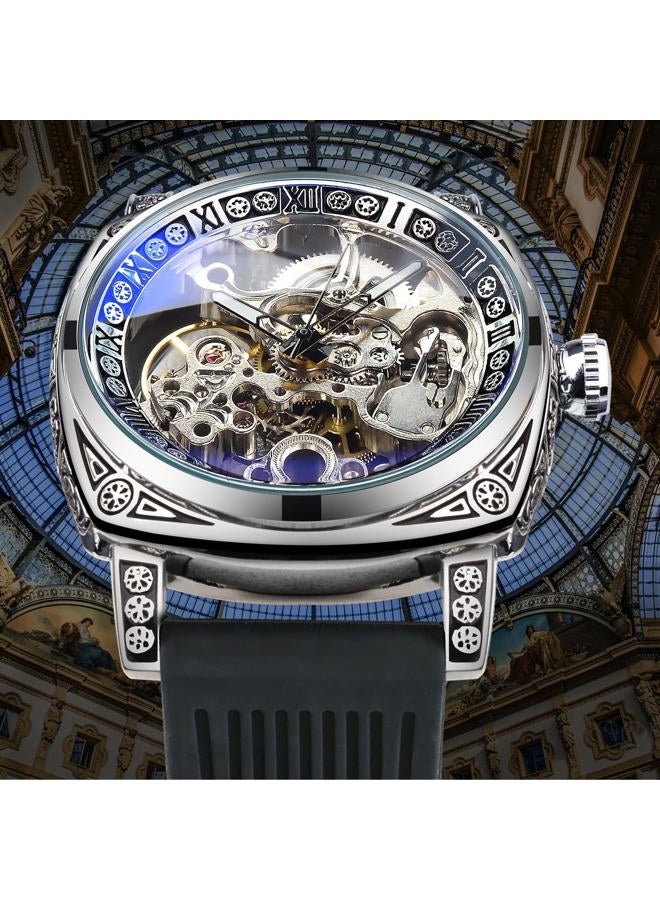 FORSINING Watches for Man, Square Retro Mechanical Watch Self-Wind Carved, Skeleton Automatic Watches Vintage Leather Strap Wristwatch, Black_new - Image 2