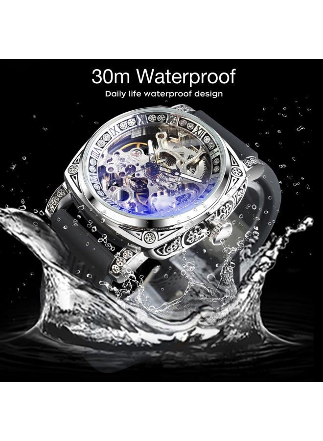 FORSINING Watches for Man, Square Retro Mechanical Watch Self-Wind Carved, Skeleton Automatic Watches Vintage Leather Strap Wristwatch, Black_new - Image 5