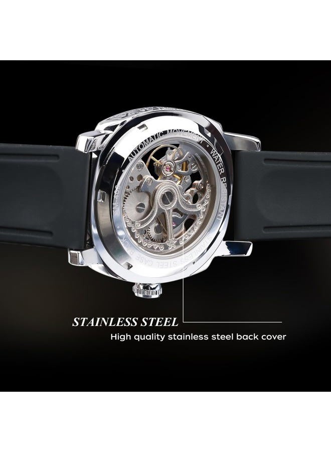 FORSINING Watches for Man, Square Retro Mechanical Watch Self-Wind Carved, Skeleton Automatic Watches Vintage Leather Strap Wristwatch, Black_new - Image 4