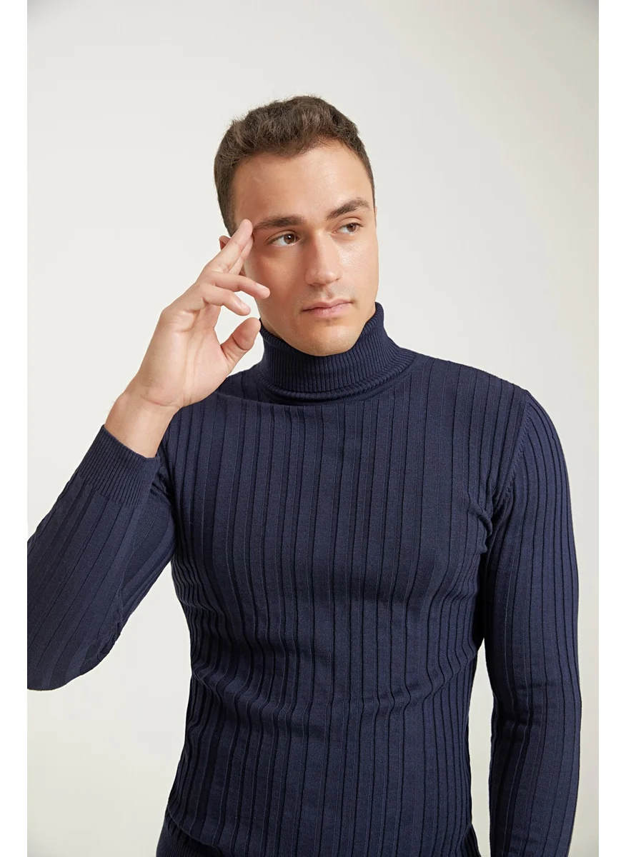 دي أس دامات Slim Fit Navy Blue Corduroy Cotton Blend Turtleneck Knitwear Sweater 5HF06ORT63100