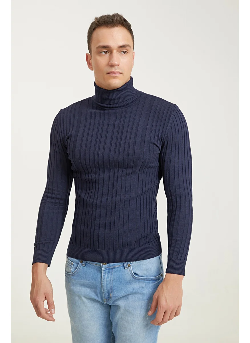 دي أس دامات Slim Fit Navy Blue Corduroy Cotton Blend Turtleneck Knitwear Sweater 5HF06ORT63100