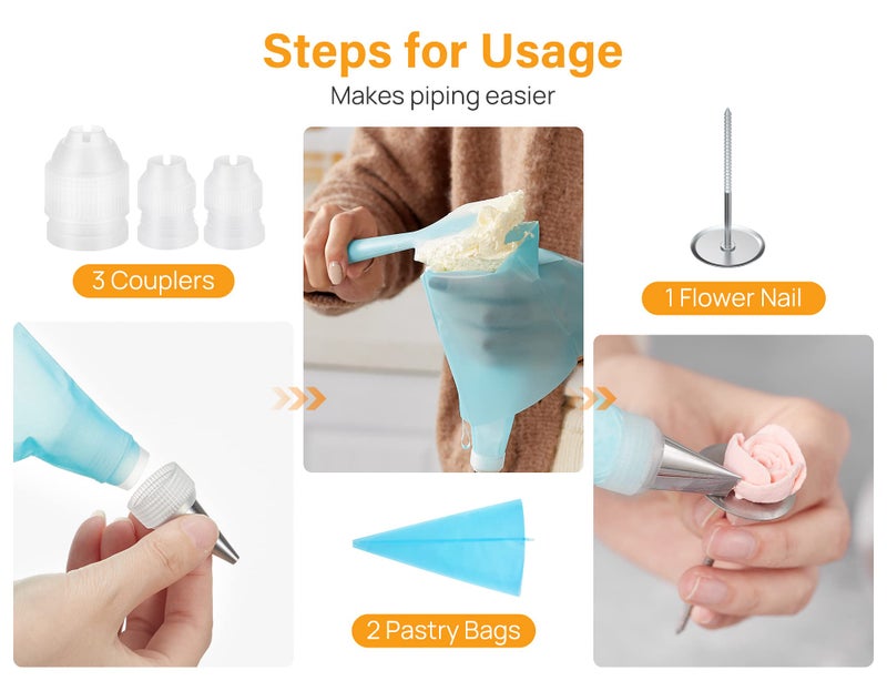 Kootek 54 in 1 Piping Bags and Tips Set with 13 Large Size Piping Tips, 35 Standard Size Icing Tips, 2 Reusable Pastry Bags 12 Inch, Cake Decorating Kit Supplies, Frosting Piping Kit for Cake, Cupcake - Image 5