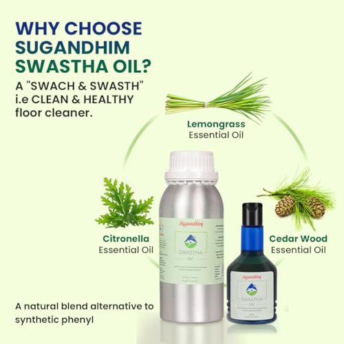 Sugandhim Swastha Oil Floor Cleaner Combo, 1 x 100ml 1 x 500ml, With Refill, 100% Natural Disinfectant, Cedar-wood Unique Essential Oils Blend - Image 2