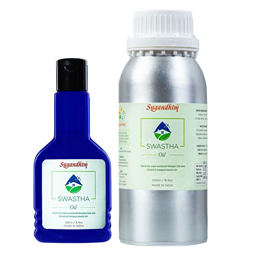 Sugandhim Swastha Oil Floor Cleaner Combo, 1 x 100ml 1 x 500ml, With Refill, 100% Natural Disinfectant, Cedar-wood Unique Essential Oils Blend - Image 1