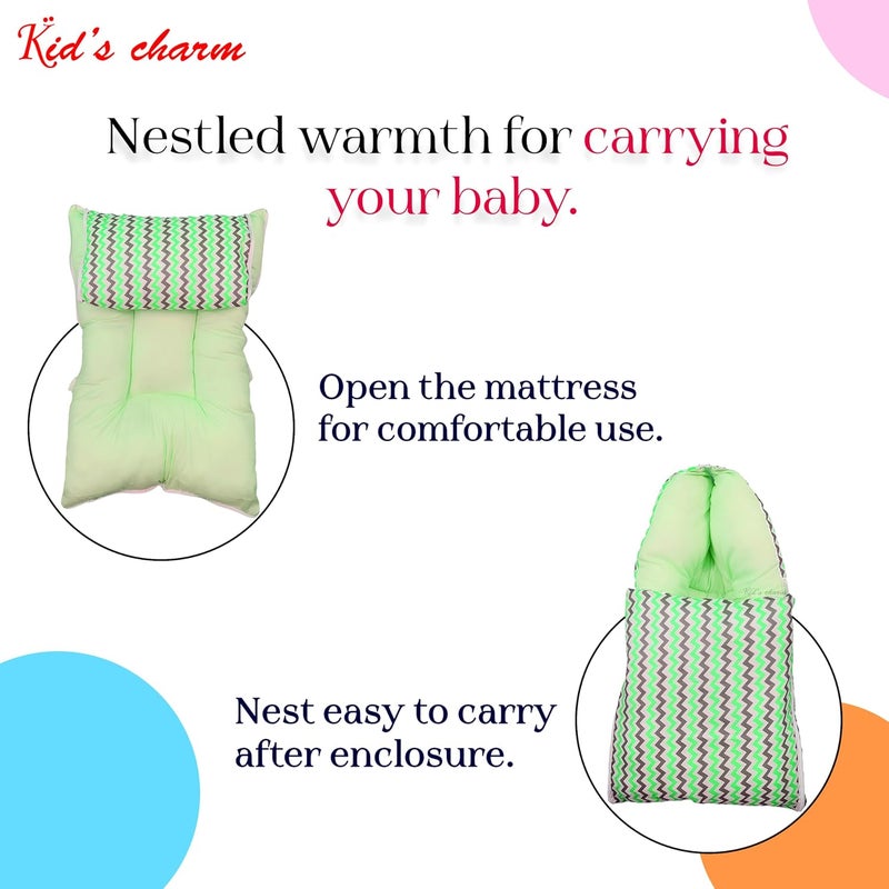 Kid's Charm Kids Charm Mini Zigzag 3 in 1 Babys Cotton Bed Cum Carry Bed Printed Baby Sleeping BagBaby BedInfant Portable for Unisex Easily Portable Light Weight Carry for New Born 04 Months Old Green - Image 5