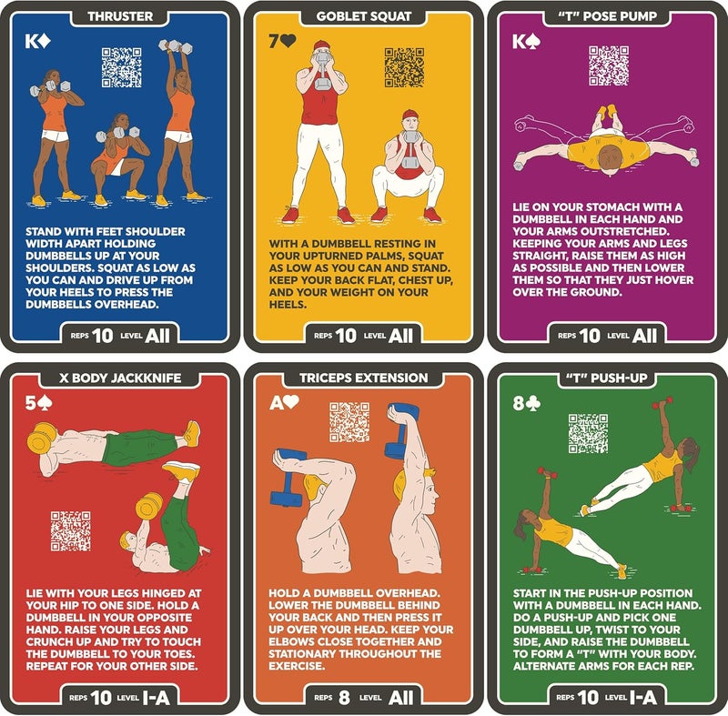 Stack 52 Dumbbell Exercise Cards. Workout Playing Card Game. Video Instructions Included. Perfect for Training with Adjustable Free Weight Sets and Home Gym Fitness. (2019 Base Deck) - Image 3