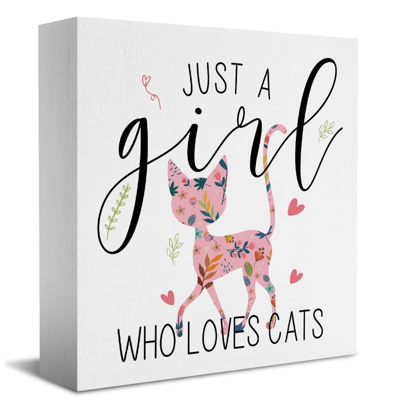 HTBIG Funny Cat Sign Cat Gifts for Cat Lovers Desk Decor Wooden Box Sign Cat Gifts Cat Stuff Cute Wood Block Plaque Box Sign for Girls Room Home Office Shelf Table Decoration Just A Girl Who Loves Cats - Image 1