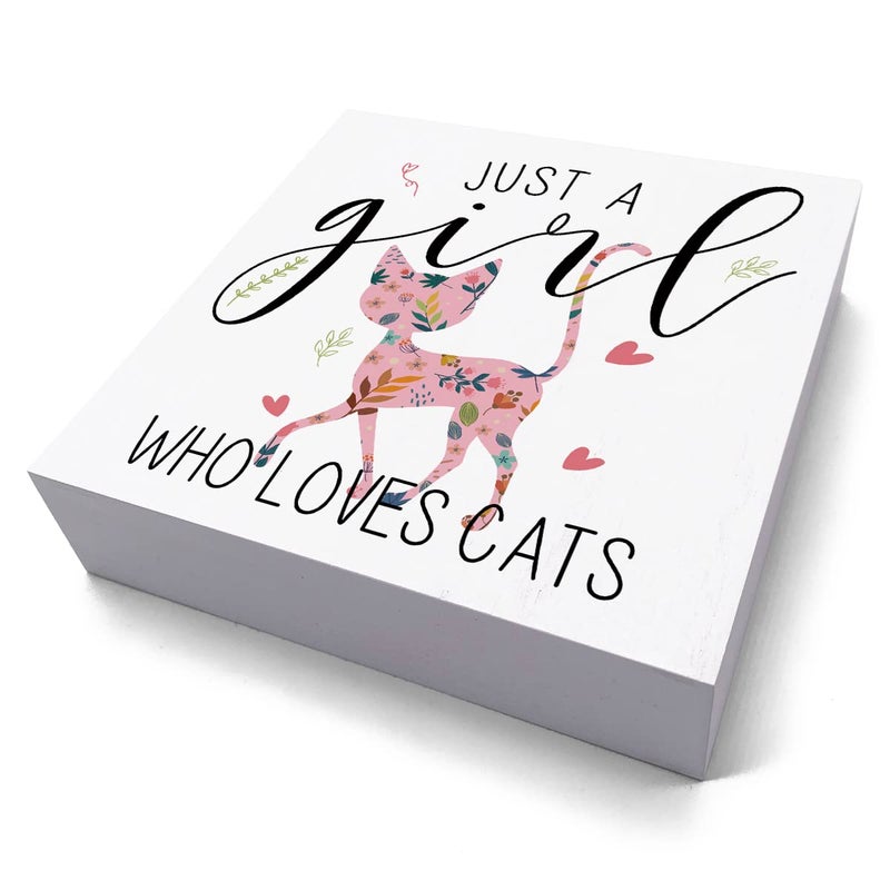 HTBIG Funny Cat Sign Cat Gifts for Cat Lovers Desk Decor Wooden Box Sign Cat Gifts Cat Stuff Cute Wood Block Plaque Box Sign for Girls Room Home Office Shelf Table Decoration Just A Girl Who Loves Cats - Image 2