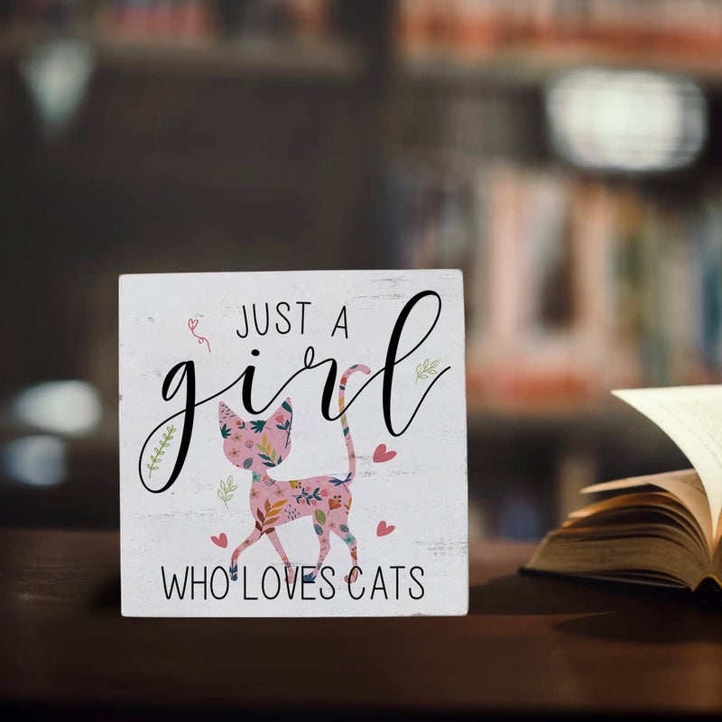 HTBIG Funny Cat Sign Cat Gifts for Cat Lovers Desk Decor Wooden Box Sign Cat Gifts Cat Stuff Cute Wood Block Plaque Box Sign for Girls Room Home Office Shelf Table Decoration Just A Girl Who Loves Cats - Image 4