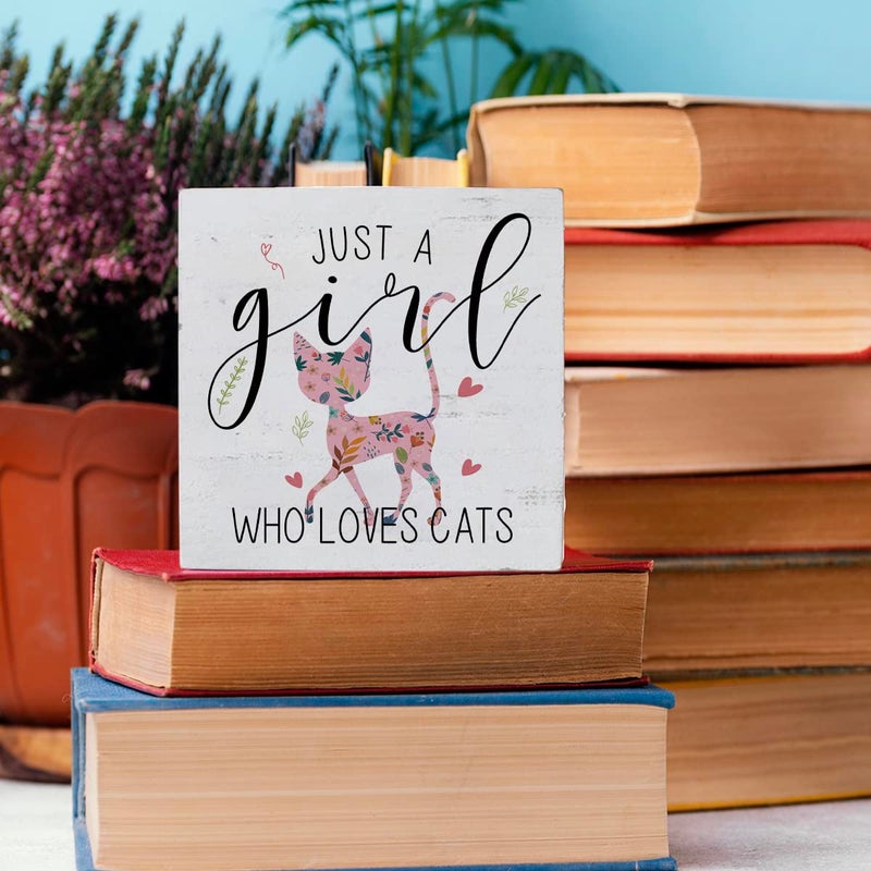 HTBIG Funny Cat Sign Cat Gifts for Cat Lovers Desk Decor Wooden Box Sign Cat Gifts Cat Stuff Cute Wood Block Plaque Box Sign for Girls Room Home Office Shelf Table Decoration Just A Girl Who Loves Cats - Image 5