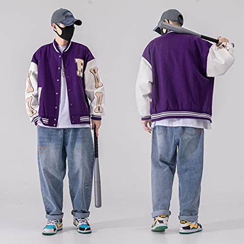 Moshtashio Mens Varsity College Jacket Baseball Bomber Jacket Vintage Sweatshirt Casual Unisex Streetwear Coats with Patch (Purple, X-Small) - Image 2
